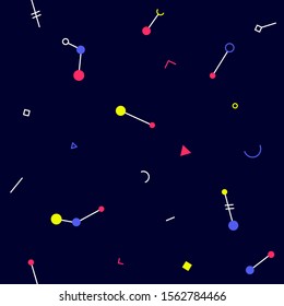 Pattern, ornament style memphis or avant-garde. Vector. Abstract shapes on a dark background. Graphic elements for corporate identity. Pattern for fabric, clothing or wrapping paper.