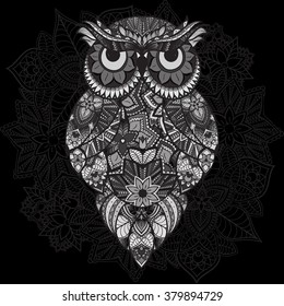 pattern from ornamental color owl with flowers and mandala. African, indian, totem, tattoo. It may be used for design of a t-shirt, bag, postcard, a poster and so on.