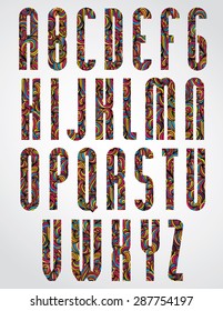 Pattern ornamental colorful narrow font, upper case letters. 