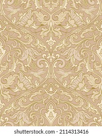 Pattern with ornamental flowers and birds. Beige floral ornament. Template for wallpaper, textile.