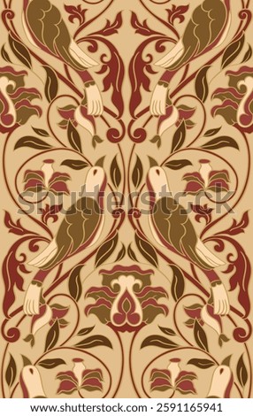 Pattern with ornamental flowers and birds. Beige vector floral ornament. Template for wallpaper, textile, carpet and any surface.