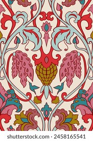 Pattern with ornamental flowers and birds. Colorful floral ornament. Template for wallpaper, textile, carpet and any surface.