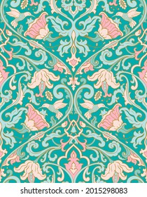 Pattern with ornamental flowers and birds. Turquoise floral ornament. Template for wallpaper, textile, shawl, carpet and any surface. 