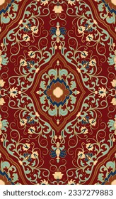 Pattern with ornamental flowers. Burgundy and blue floral background with damask. Vector template for wallpaper, textile, carpet and any surface. 