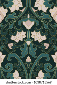 Pattern with ornamental flowers. Green floral ornament. Template for wallpaper, textile, shawl, carpet and any surface. 