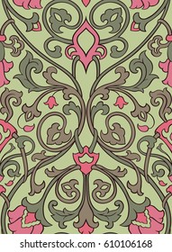 Pattern with ornamental flowers. Pink and green filigree ornament on a light green background. Colorful template for wallpaper, textile, shawl, carpet and any surface. 
