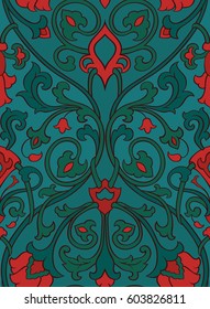 Muster mit Zierblumen. Rot und grün filigrane Ornamente. Farbige Vorlage für Tapeten, Textilien, Schals, Teppich und jede Oberfläche.
