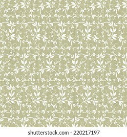 Pattern with ornamental Leaves. The Swirl decoration elements on a yellow Background. Seamless fabric design. Texture with the repeating branches. Curl lines. Textile floral print. Vector illustration