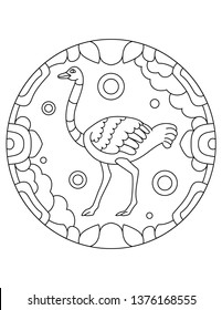 Pattern with ostrich. Illustration of an ostrich. Mandala with an animal. Ostrich in a circular frame. Coloring page for kids and adults.