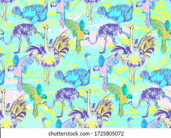 Pattern of ostrich. Suitable for fabric, mural, wrapping paper and the like. Vector illustration