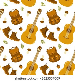 Pattern of outdoor adventure elements featuring guitars, boots, and backpacks on a light background