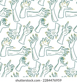 A pattern from the outline of a dead man's hands, zombie hands trying to grab each other. Attacking green hands. It is well suited for Halloween-style decoration of paper and textile products