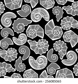 Pattern with outline decorative seashells. Black and white background