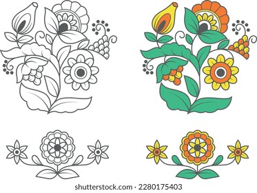 Muster. Umrisszeichnung. Blumenschmuck in limitierten Farben. Mehendi. Antistress. Färben.