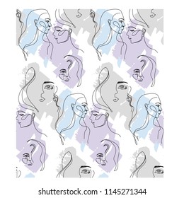 Pattern outline girls faces with color in hand drawn style 