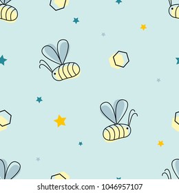 Pattern with outline icon bee, honeycomb and star. Vector illustration.