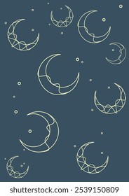 Pattern Outline Moon Elements Esoteric Mystical Astrology Golden On Blue Vector Design