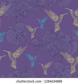 Pattern with outline orchid flower and colibri bird. Violet background. For cloth, paper, etc.