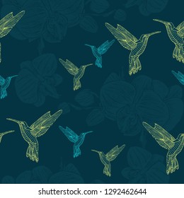 Pattern with outline orchid flower and colibri bird. Teal background. For cloth, paper, etc.