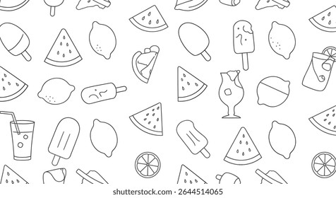Um padrão de delineados doces de verão: fatias de melancia, limonada, limões, picolés e um coquetel. O estilo de desenho é simples e limpo.