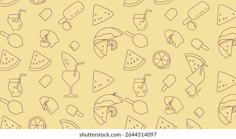 A pattern of outlined summer treats: watermelon slices, lemonade in glasses, lemons, and popsicles, creating a refreshing and playful design.
