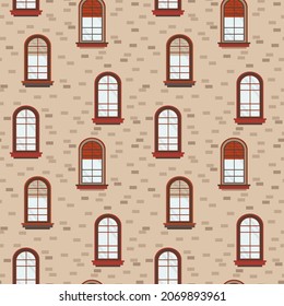 Pattern from the outside wall of the house and with windows. A substrate with colorful window frames for textiles. Background with window sills and window curtains. Vector illustration