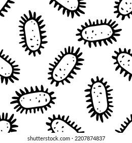 a pattern of an oval bacterium with short tentacles. seamless pattern hand-drawn in the style of doodles with an isolated black outline on white. A viral bacterium is an oval-shaped element with a tex