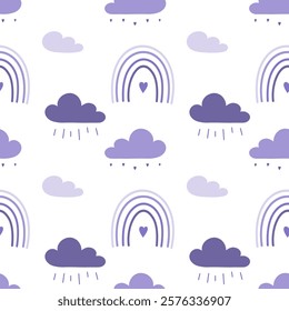 Pattern with overcast cloudy weather, sad purple clouds with raindrops and boring lilac rainbow. On white background.