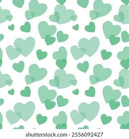 Pattern of overlapping green hearts in various sizes and shades on a white background, creating a visually dynamic and appealing design.