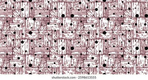 pattern of overlapping rectangular blocks with wood grain texture and scattered black dots on a white and pale pink background, for textile, wallpaper, gift wrapping.
