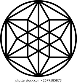 Padrão, triângulos e quadrados sobrepostos, ângulos precisos de cor preta geométrica e linhas de interseção projeta dentro de um círculo com fundo isolado.