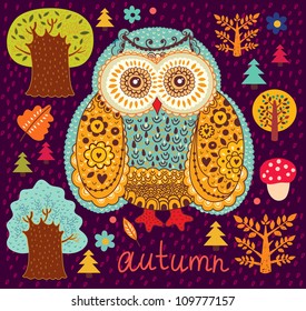 Pattern with owl, leaves and trees