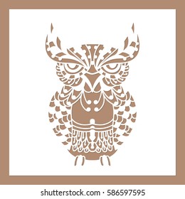 Pattern owl on a square sheet. Template for cutting. Laser cutting template for greeting cards, envelopes, decorations.
