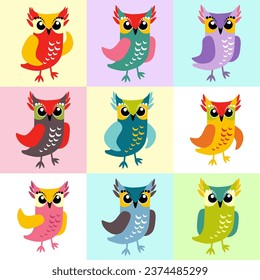 Pattern with owls, birds. A pattern of bright dreams. The birds are made in a flat style.