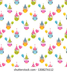 Pattern with Owls with Birthday party hats