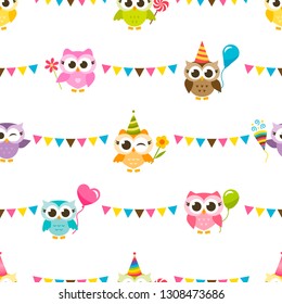 Pattern with Owls with Birthday party hats and garlands