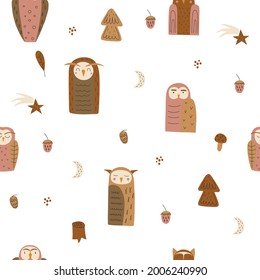 patrón con búhos y motivos forestales. Ilustración vectorial para telas, folletos, folletos