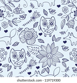 Pattern with owls and foxes for fabric, wallpaper, web design, gift wrapping paper