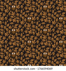 Pattern with owls, leaves, cones and acorns on a black background. Cartoon flat style. Vector illustration.
