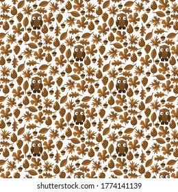 Pattern with owls, leaves, cones and acorns on a white background. Cartoon flat style. Vector illustration.