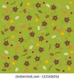 Pattern with owls, leaves, flowers, sprigs on a green background. For wallpapers, paper, children's design