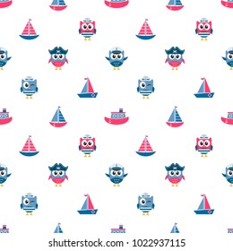 Pattern with owls sailors and boats
