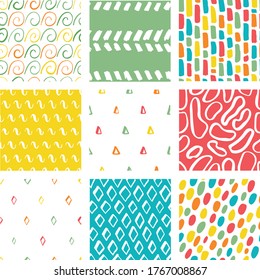 Pattern pack. Vector seamless patterns set in scandinavian style. Vivid colored summer collection backdrops for printing on paper or fabric. Many circles, brushstrokes, diamonds, triangles, waves.
