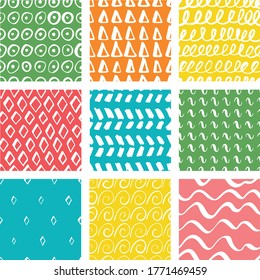 Pattern pack. Vector seamless patterns set in scandinavian style. Vivid colored summer collection backdrops for printing on paper or fabric. Many circles, brushstrokes, diamonds, triangles, waves.
