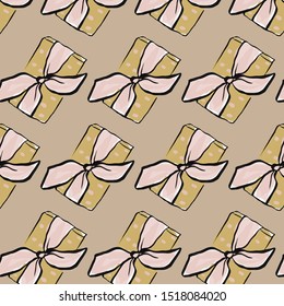 Pattern with packaged gift. Watercolor celebration background. Surprise decoration elements. 