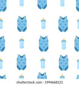 pattern for packaging and fabrics for children in blue shades with baby clothes and a feeding bottle