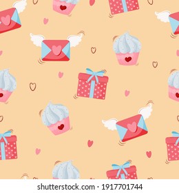 patrón de empaque con fondo amarillo con sobre para el corazón y bizcocho azul