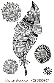 Pattern page for coloring book. Feather and mandalas on a white background. Vintage, tribal, artistically drawn, stylized feather. Hand-drawn sketch by trace.