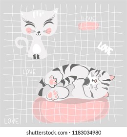 A pattern of painted cats. A sleepy cat is holding a heart. Next to a cute cat. The word love.
