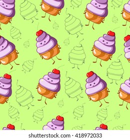   pattern of painted colored doodles of cupcakes on green background
